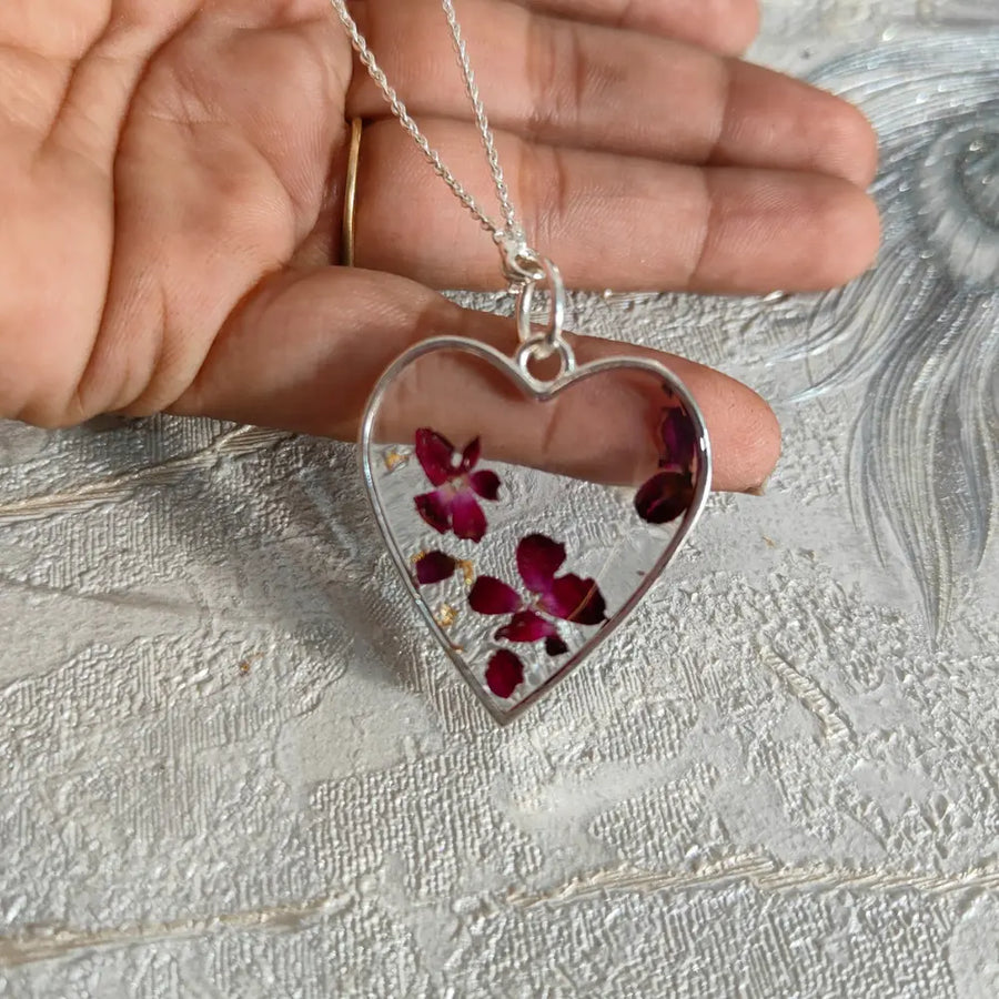 Heart Shape Crystal Clear Red Flower Preserved Resin Pendant