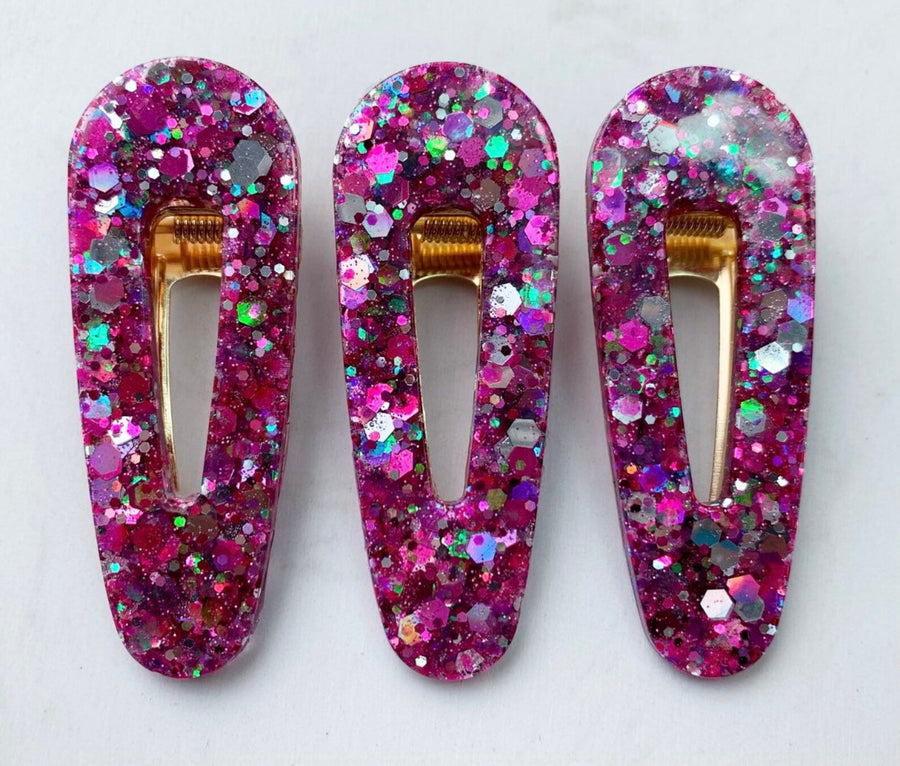 3 Pack Pink Glitter Hair Barrette Clips Resin