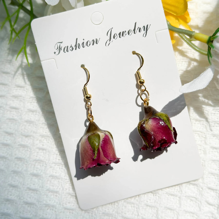 Real Rose Flower Resin Earrings