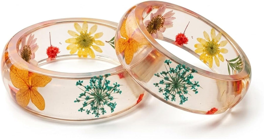 Handcrafted Botanical Clear Resin Bangle Set