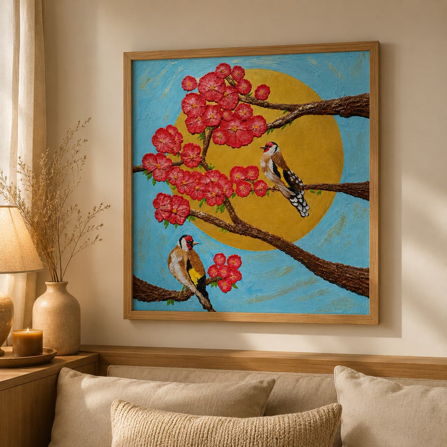 Crimson Songbirds – Handcrafted 3D Floral Wall Art (A2 Size)
