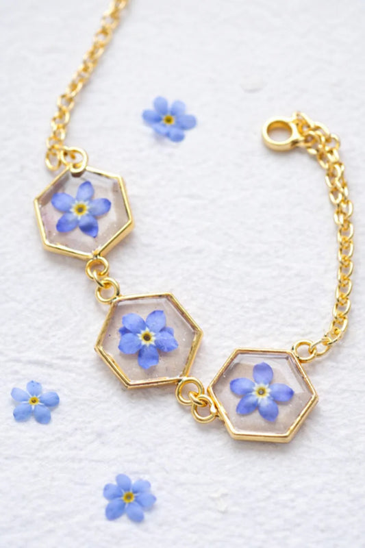 Hexagon Resin Bracelet with Real Blue Flowers