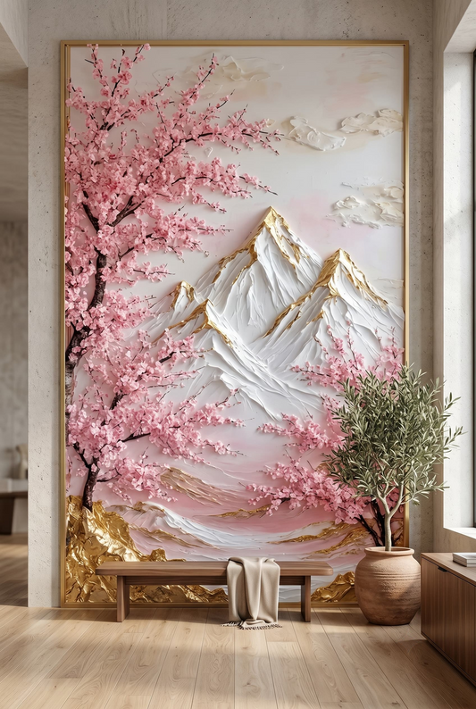 Blush Peaks | Handmade 3D Texture Acrylic Painting | Luxury Cherry Blossom Mountain Wall Art (A1 size)