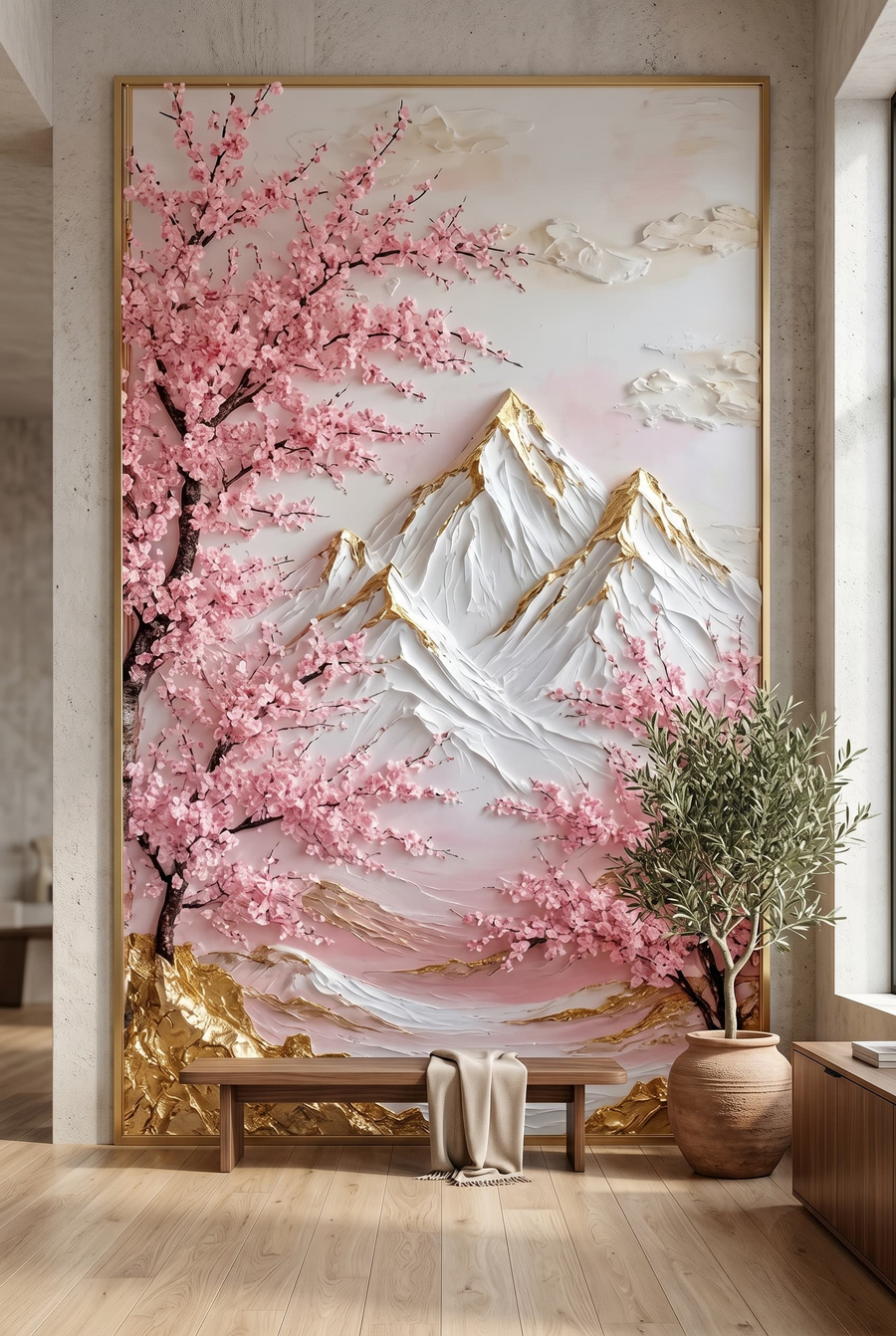 Blush Peaks | Handmade 3D Texture Acrylic Painting | Luxury Cherry Blossom Mountain Wall Art (A1 size)