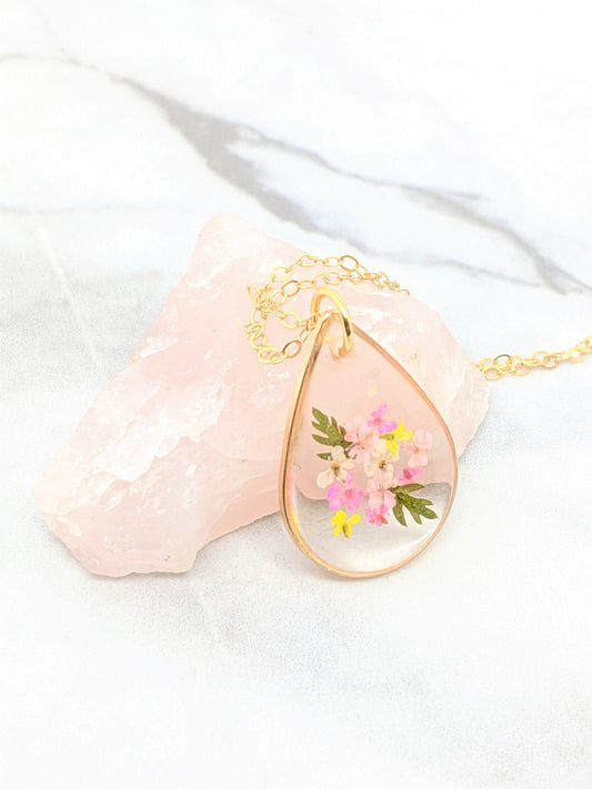 Real Pressed Flower Necklace Small Teardrop Pendant