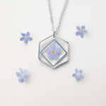 Hexagon Forget Me Not Resin Necklace, Pressed Flower Jewelry