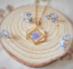 Hexagon Forget Me Not Resin Necklace, Pressed Flower Jewelry