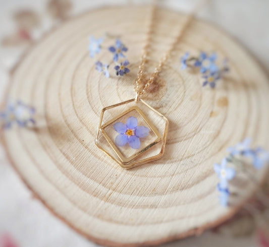 Hexagon Forget Me Not Resin Necklace, Pressed Flower Jewelry